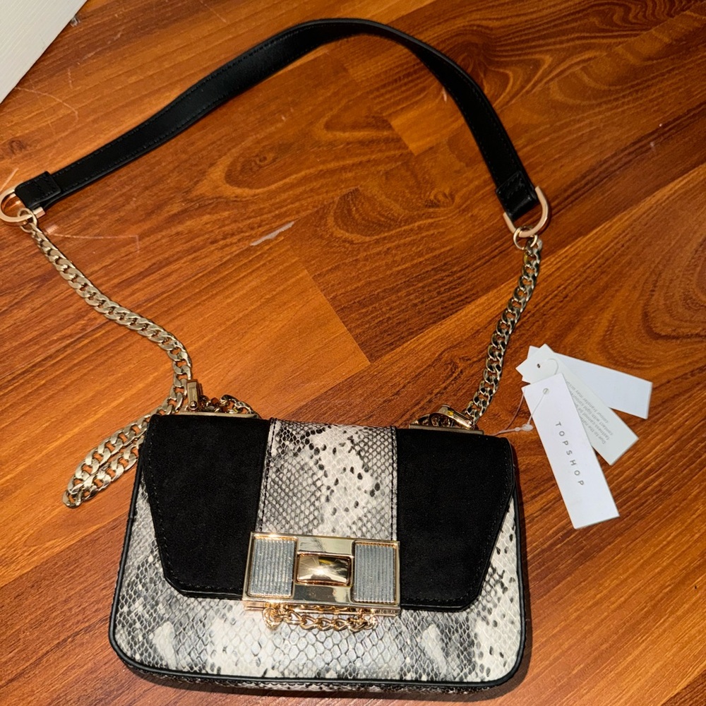 Topshop Black and White Faux Snake Skin Crossbody Bag